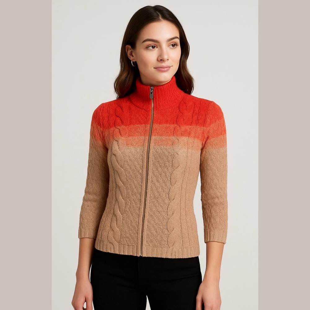 Rachel Roy Orange Tan Ombre Cable Knit Zip Cardigan Size S
